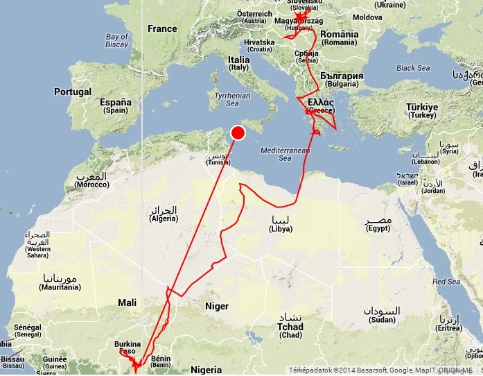 Gabi útja Magyarországtól Ghánáig (forrás: www.satellitetracking.eu)